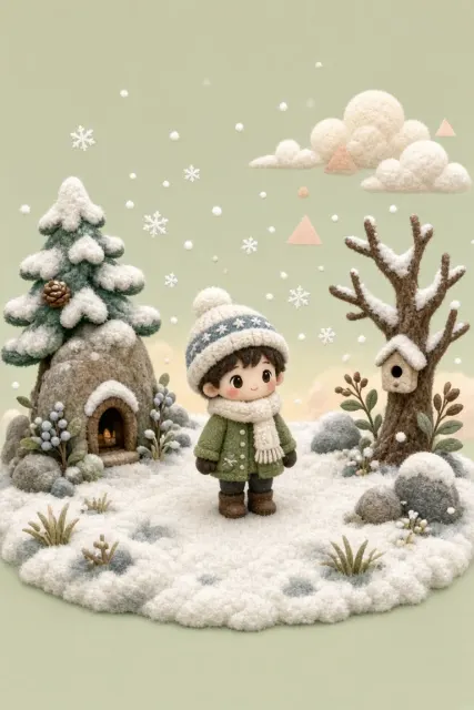 Wool Felt Snowy Miniature Diorama Illustration