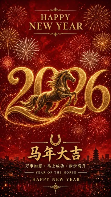 Silhouette image example: New Year Celebration Poster with Brilliant Fireworks and Year of the Horse Elements