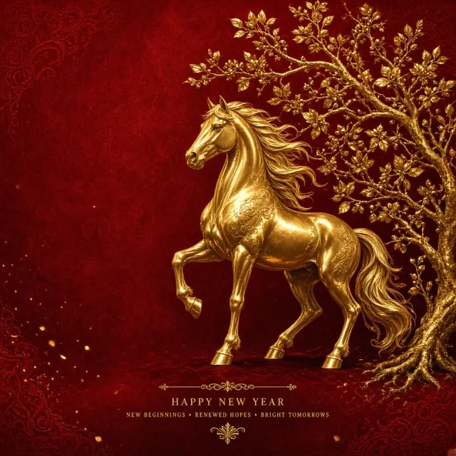 New Year image example: Golden Steed and Tree Branches on New Year Red Background