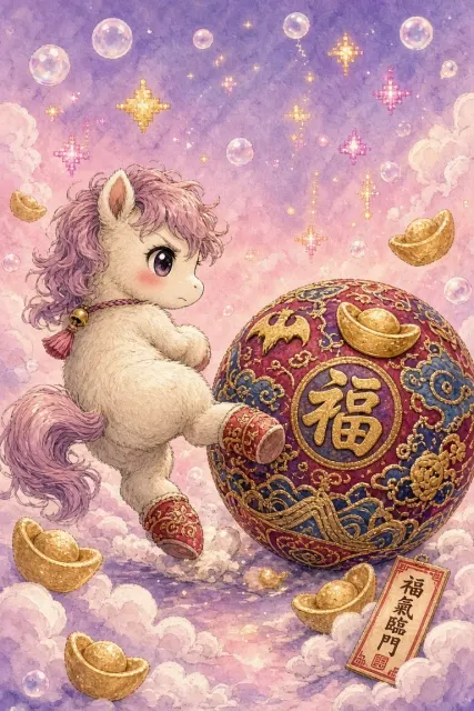 Hand-Drawn Anime Style Cute Pony Kicking Fortune Ball Illustration