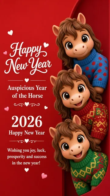 Balanced Composition image example: 3D Cartoon New Year Illustration with Three Chibi Ponies