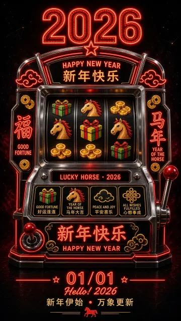 Neon Lighting image example: Retro Neon Arcade Year of the Horse Slot Machine Poster