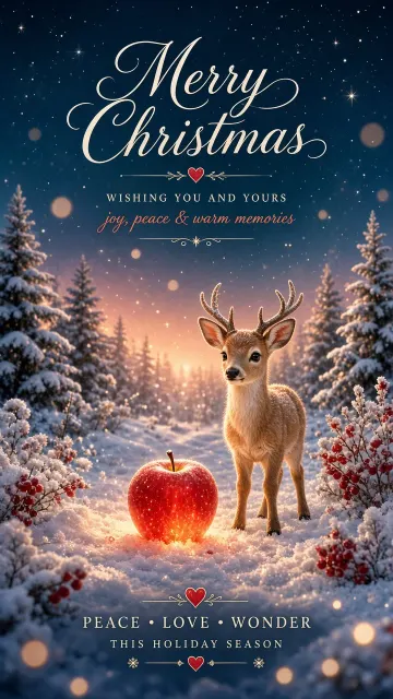 Dreamy Realistic Christmas Deer and Glowing Apple Illustration
