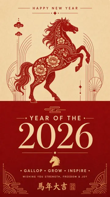 Floral Pattern image example: Artistic Year of the Horse Poster in Split Beige and Red