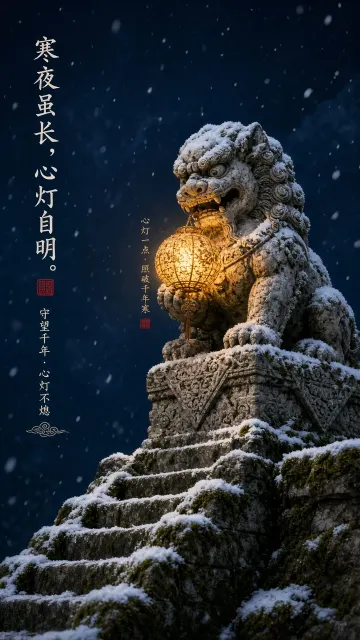 Snowy Guardian Stone Lion with Lantern