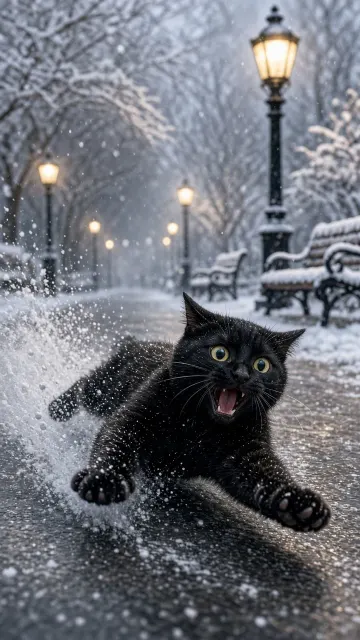 Cinematic Action Snapshot of Cat Sliding on Ice