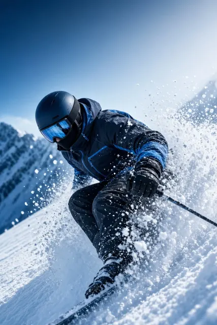 winter sports image example: Dynamic Close-Up of Skier on Snow Slope