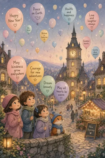 Picture Book image example: Hand-Drawn Picture Book New Year Wish Balloons