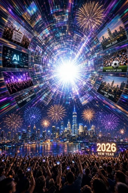 City Street View image example: Cinematic Time Tunnel Voyage into New Year 2026