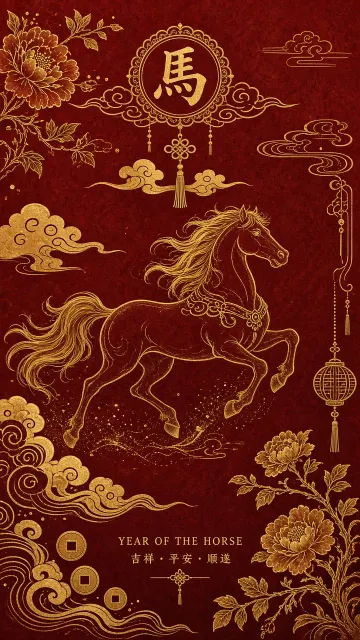 Pattern Design image example: Golden Line Art Year of the Horse Auspicious Pattern