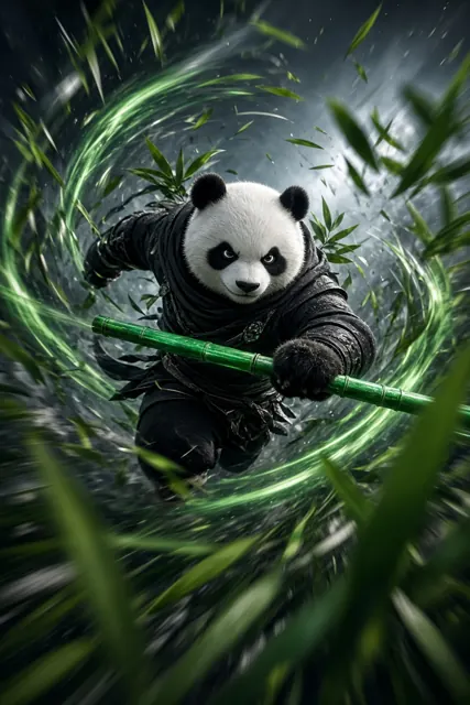 Animal image example: Dynamic 3D Panda Warrior Bamboo Staff Action