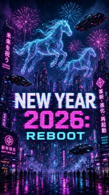 Neon Glow image example: Cyberpunk Futuristic Metropolis New Year Illustration