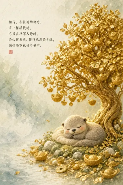 Watercolor Wash image example: Felt Otter Under Money Tree Healing Illustration