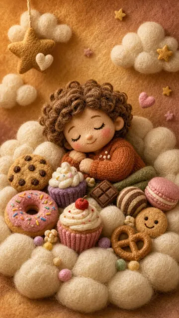 warm tones image example: Felt Art Illustration of Child on Snack Cloud