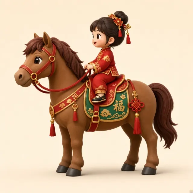 Panoramic View image example: 3D Cartoon Girl Riding Horse for New Year