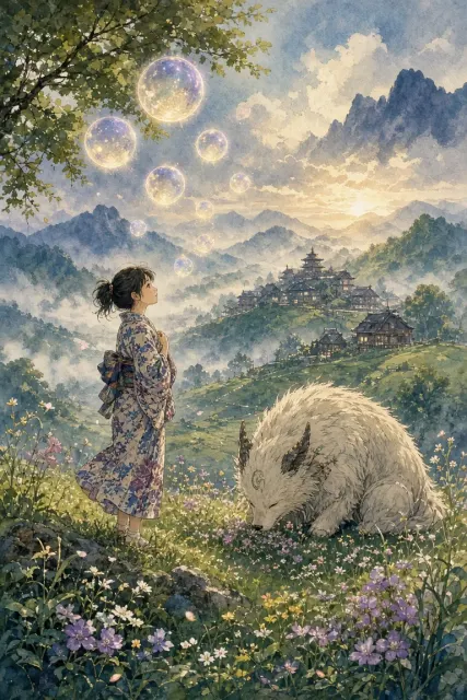 Character Art image example: Fantasy Hills and Kimono Girl Anime Illustration