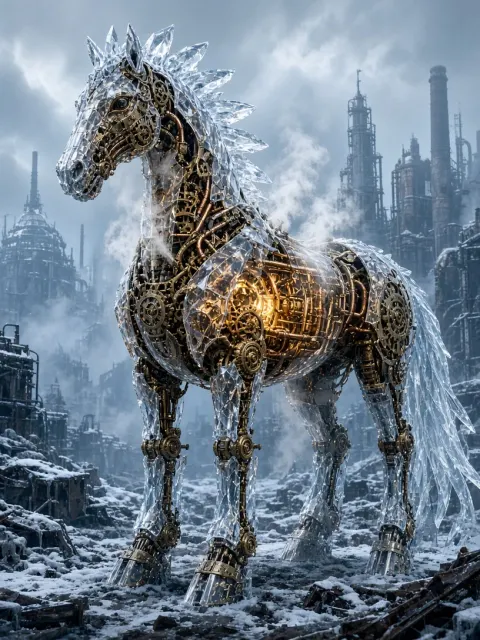 Steampunk Clockwork Horse in Winter Ruins