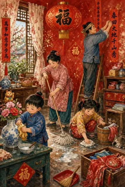Mixed Media image example: Fresh Watercolor Picture Book New Year House Cleaning Illustration
