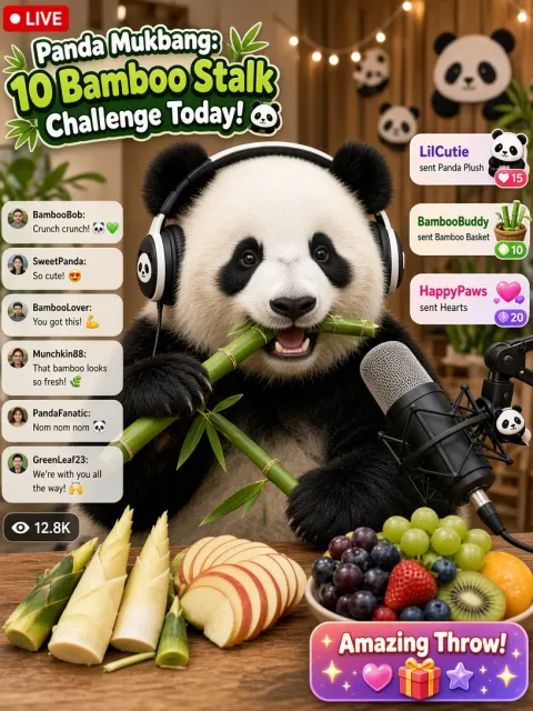 Digital Art image example: Cute Panda Mukbang Livestream Illustration