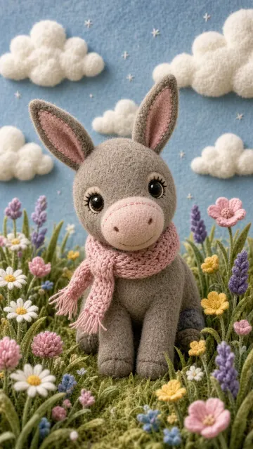 Nature Scenery image example: Charming Springtime Plush Fabric Donkey Illustration