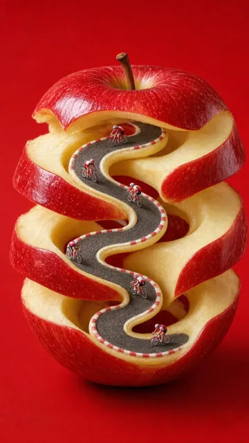Macro Photography image example: Miniature Cyclist on Spiral Red Apple Track Illustration