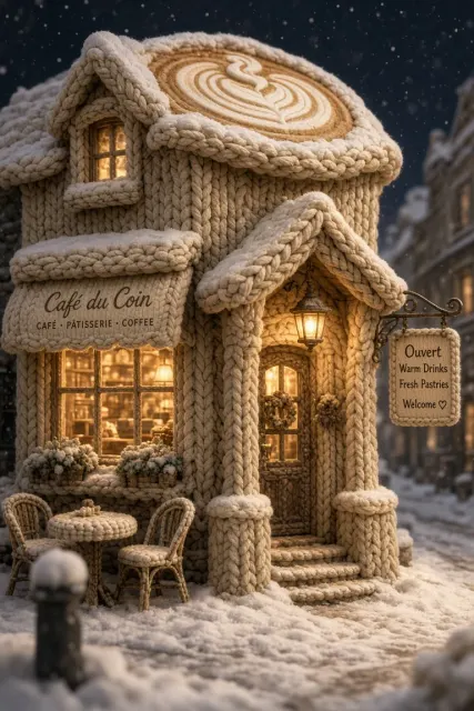 soft light image example: Knitted Yarn Wrapped European Cafe Fairytale Illustration
