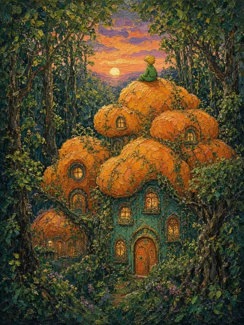 Fine Texture image example: Impressionist Ink Line Forest and Cloud House Illustration