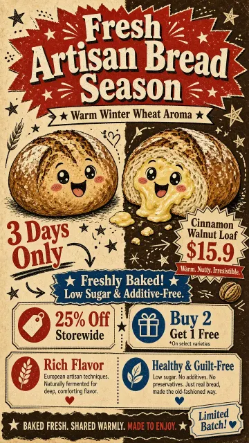 Packaging Design image example: Warm Winter Cartoon Artisan Bread Promo Poster