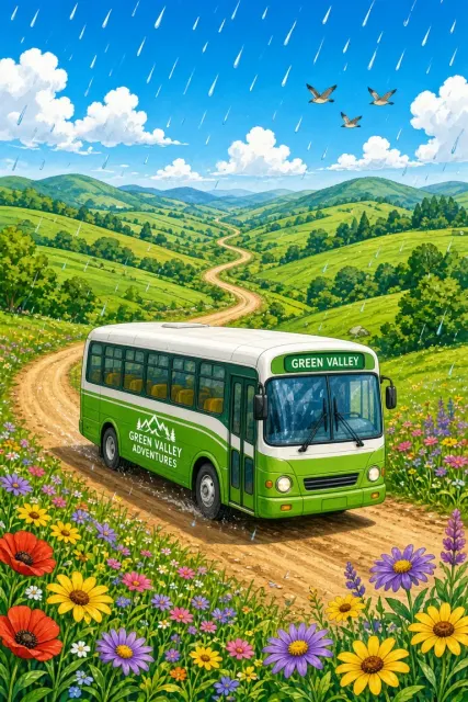 Cartoon Style image example: Cartoon Countryside Bus Scenic Landscape Illustration