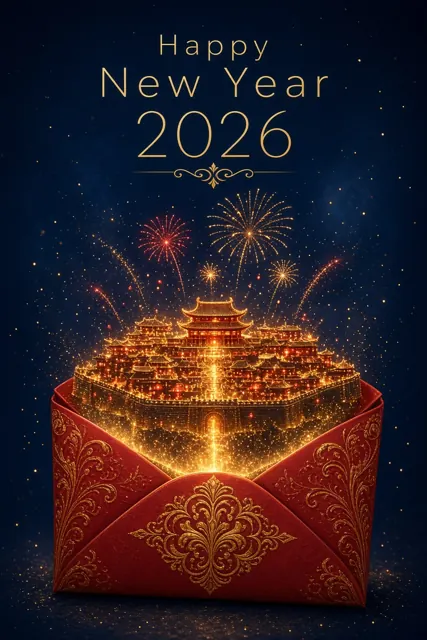 Color Gradient image example: Miniature Ancient City in Red Envelope New Year Poster