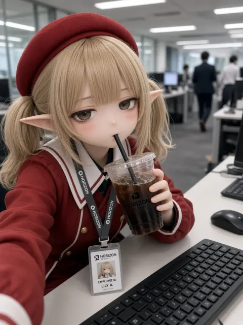 Anime Illustration image example: Anime Elf Office Worker Coffee Break Selfie