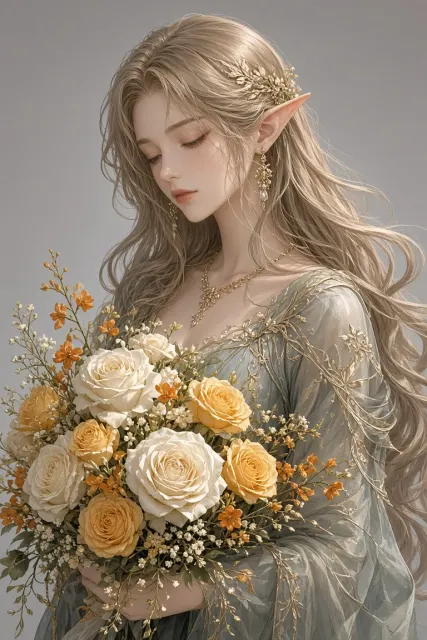Elf Girl Holding Yellow Roses Illustration