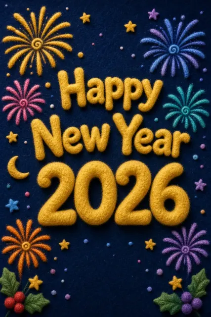 Needle Felt image example: Felt Wool Happy New Year 2026 Typography