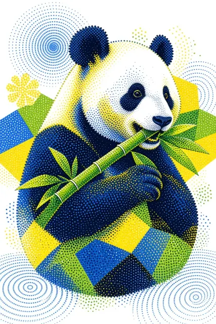 Pointillist Pop Art Panda Eating Bamboo Illustration