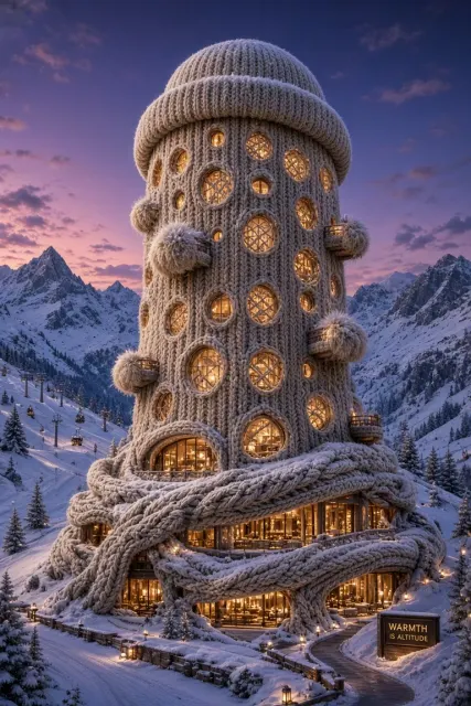 Healing Vibe image example: Knitted Wool Alpine Ski Resort Architecture