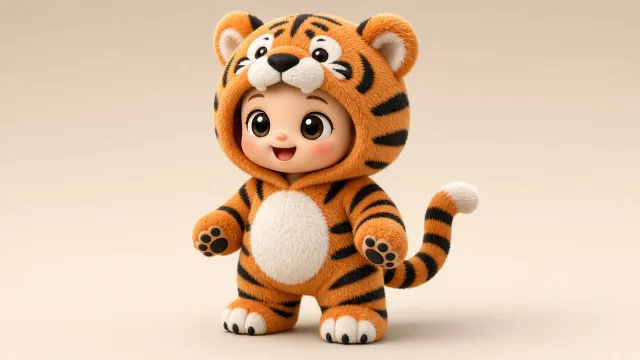 Animal Onesie image example: Cute Toddler Doll in Tiger Onesie Design