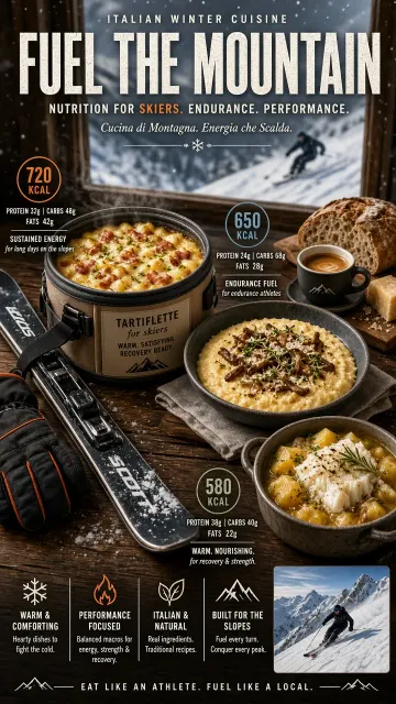 Editorial Layout image example: Italian Winter Cuisine and Alpine Sports Energy Visual