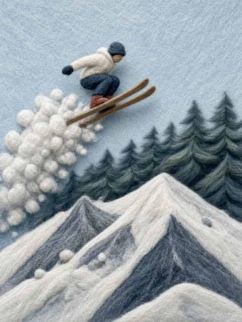 Felt Art image example: Minimalist Felt Art Skier and Snowy Mountain