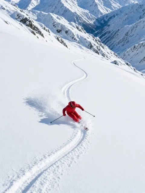 winter sports image example: Top-Down Poster of Skier in Red Ski Suit
