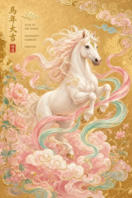 Dynamic Motion image example: Celestial Horse in Clouds Lunar Year Illustration
