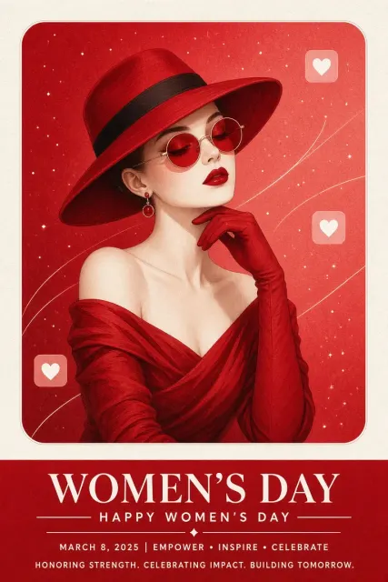 Badge image example: Women's Day Red Hat Female Portrait Poster