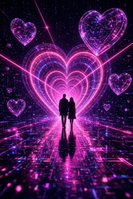 Neon Holographic Heart Cyberpunk Valentine Poster