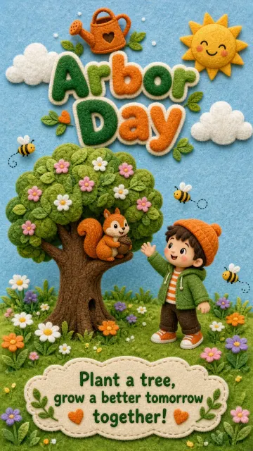 Felt Texture image example: Arbor Day Felt Cartoon Tree and Squirrel Poster
