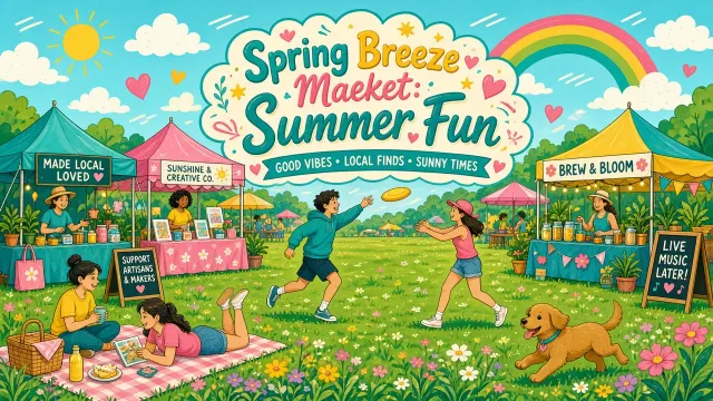 Cartoon Style image example: Spring Breeze Market Flat Doodle Poster