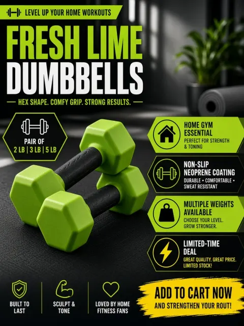 E-commerce image example: Lime Green Dipped Dumbbells Product Feature