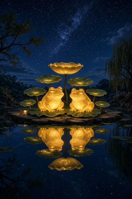 Central Symmetry image example: Glowing Frog and Lotus Leaf Water Lantern Night Scene