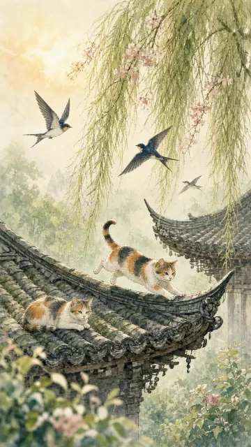 Watercolor Cat on Tiled Eaves with Weeping Willow