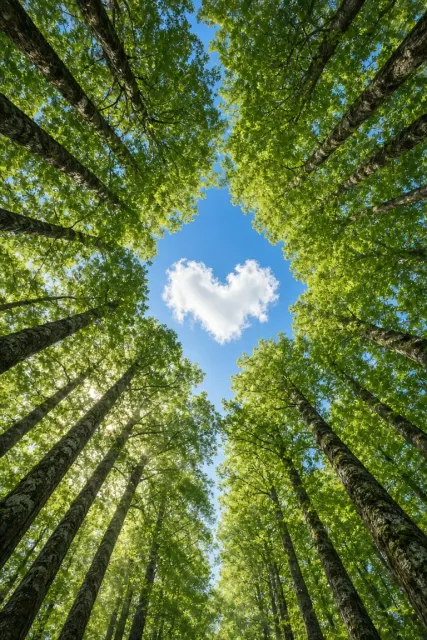 Heart-Shaped Cloud Over Spring Forest Canopy