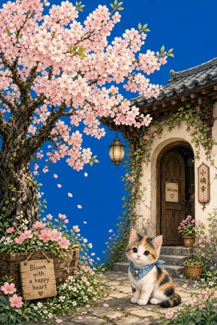 Dreamy Aesthetic image example: Blooming Tree Eaves and Kitten Healing Illustration