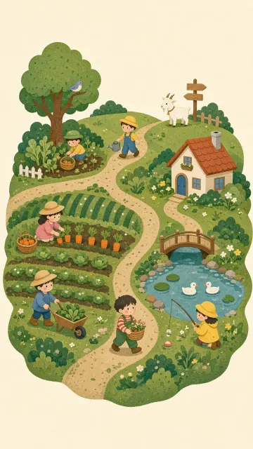 Characters image example: Minimalist Whimsical Farm Field Illustration